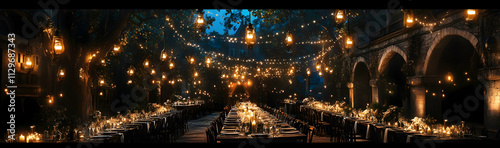 Lavish wedding celebration venue outdoors: long tables and many fairy lights hanging from the ceiling, evening  -