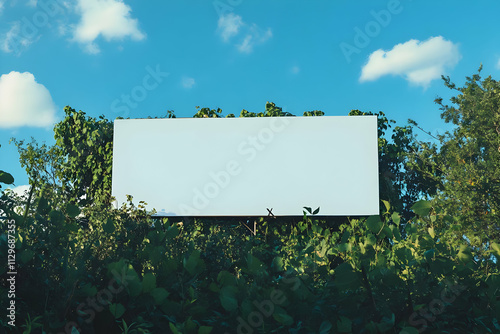 Billboard mockup - A blank billboard surrounded by greenery under a blue sky with clouds. photo