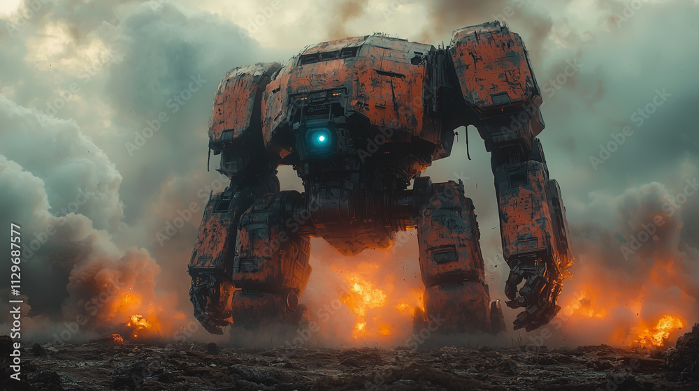 colossal mech stands amidst fiery explosions under a turbulent sky, a spectacle of war colossal mech stands amidst fiery explosions under a turbulent sky, a spectacle of war