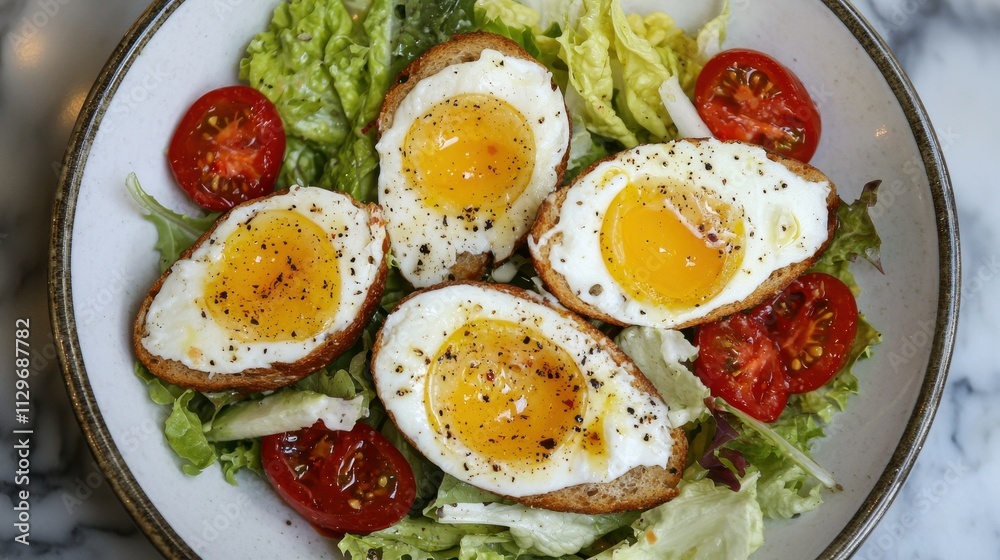 Delicious homemade scotch eggs on fresh salad kitchen table food photography cozy atmosphere Delicious homemade scotch eggs on fresh salad kitchen table food photography cozy atmosphere