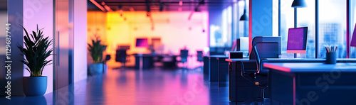 Modern neon cyberpunk open space office interior blurred with information technology overlay. Corporate strategy for finance, operations, marketing. Generative AI technology  -