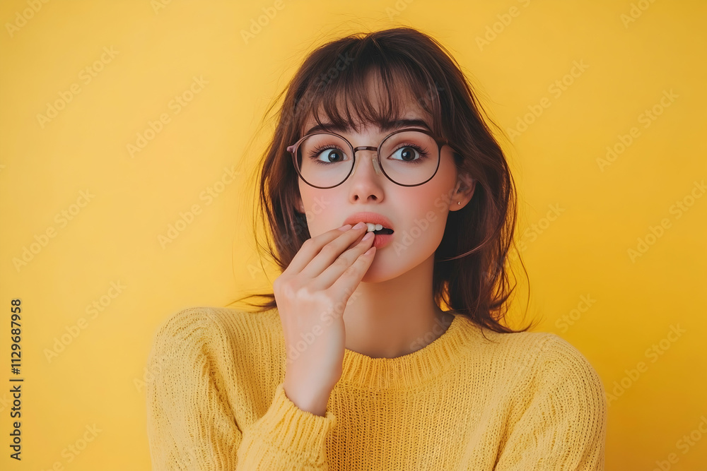 Nervous woman with glasses, biting her nails in a state of anxiety, on a bright background - Nervous woman with glasses, biting her nails in a state of anxiety, on a bright background -