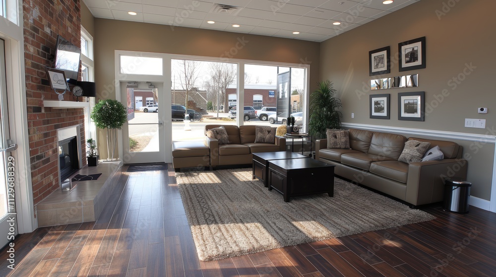 A cozy waiting area filled with modern furniture showcasing an inviting space with large windows and hardwood flooring in a contemporary setting A cozy waiting area filled with modern furniture showcasing an inviting space with large windows and hardwood flooring in a contemporary setting