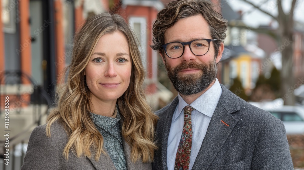 Portrait of a Confident Young Couple Standing Together Outside a Building in a Residential Neighborhood with Winter Clothing and Urban Background Portrait of a Confident Young Couple Standing Together Outside a Building in a Residential Neighborhood with Winter Clothing and Urban Background