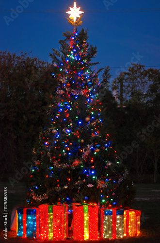 Christmas tree at night in Bayou La Batre Alabama photo