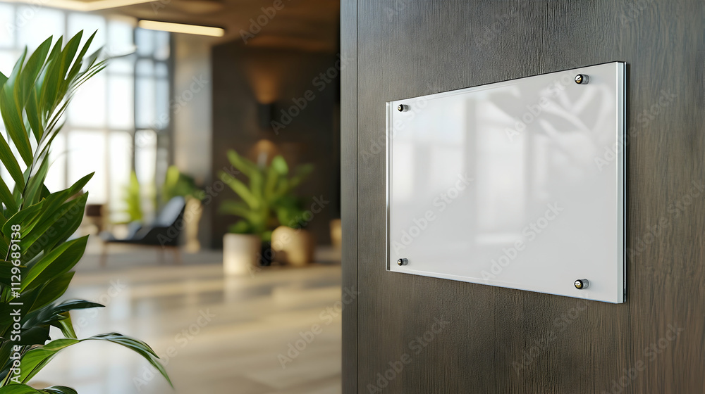 Empty glass nameplate design mockup in 3D rendering on modern office wall near entrance, perfect for branding and signage