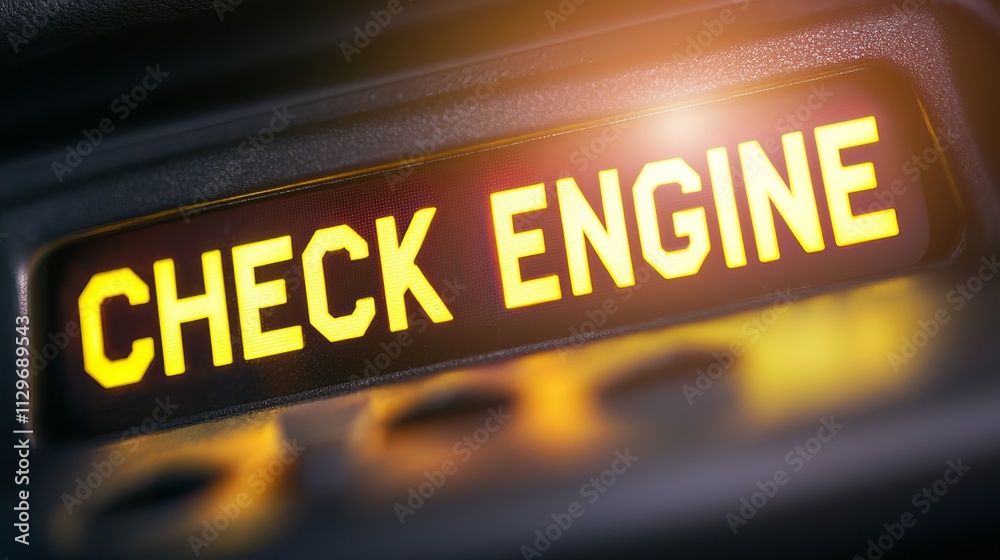 Close-up of a glowing 'Check Engine' dashboard warning light in a vehicle. Close-up of a glowing 'Check Engine' dashboard warning light in a vehicle.