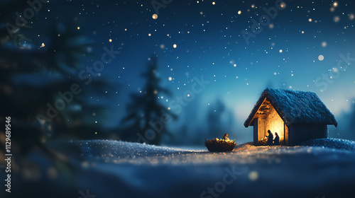 Nativity Scene - Birth Of Jesus Christ With Manger In Snowy Night And Starry Sky - Abstract Defocused Background 