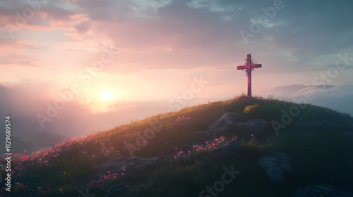 Cross With Robe And Crown Of Thorns On Hill At Sunset - Calvary And Resurrection Concept