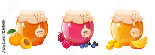 Glass jam jars with different flavors apricot, berries, mango isolated on white background.