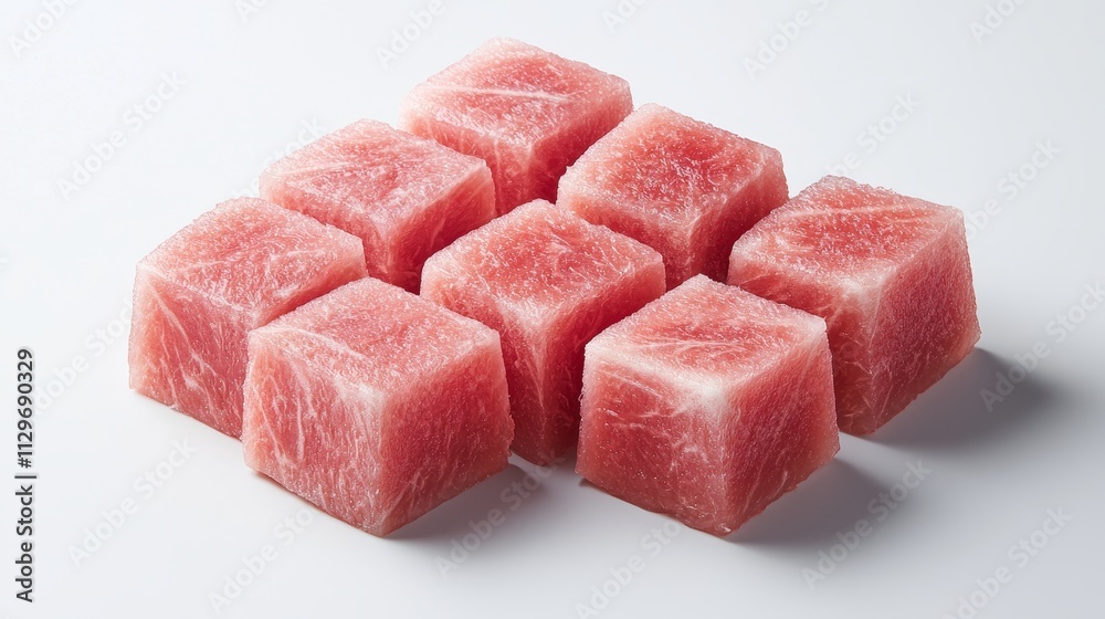 Perfectly shaped watermelon chunks, each slice revealing a glossy, appetizing red interior, laid out against a pure white surface Perfectly shaped watermelon chunks, each slice revealing a glossy, appetizing red interior, laid out against a pure white surface