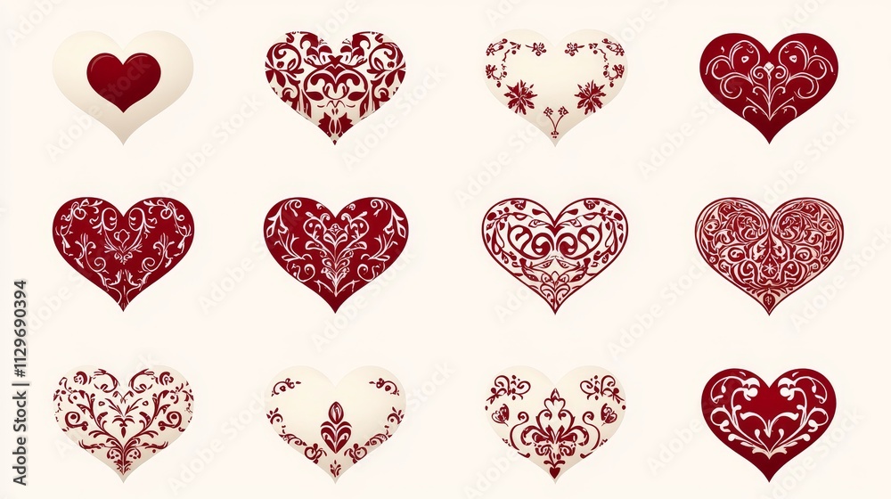 Red, hand-illustrated icons of various heart shapes, from simple to ornate, rhythmically aligned on white for Valentine vibes Red, hand-illustrated icons of various heart shapes, from simple to ornate, rhythmically aligned on white for Valentine vibes