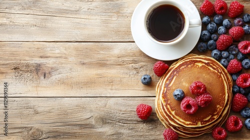 Delicious pancakes with berries and coffee on wooden table breakfast scene cozy vibe