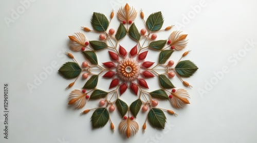 Symmetrical Botanical Mandala of Leaves, Petals, and Berries