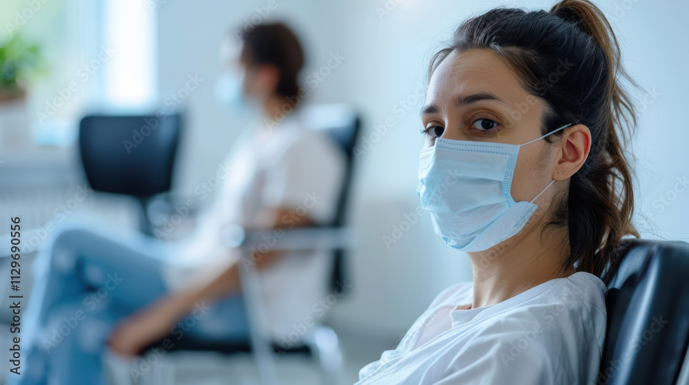 Close up of young woman wearing mask, looking concerned in waiting room. She is sitting in chair, reflecting anxiety of being in medical environment Close up of young woman wearing mask, looking concerned in waiting room. She is sitting in chair, reflecting anxiety of being in medical environment