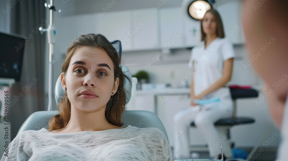 Sick young woman sitting in chair at medical facility, looking concerned. healthcare professional is visible in background, creating sense of care and attention Sick young woman sitting in chair at medical facility, looking concerned. healthcare professional is visible in background, creating sense of care and attention