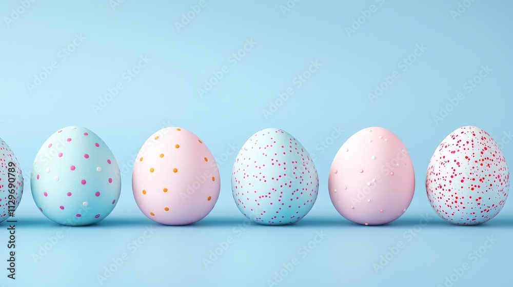 whimsical Easter egg border, vibrant pastel tones on blue background, cheerful holiday vibe, digital concept art, isolated on white background