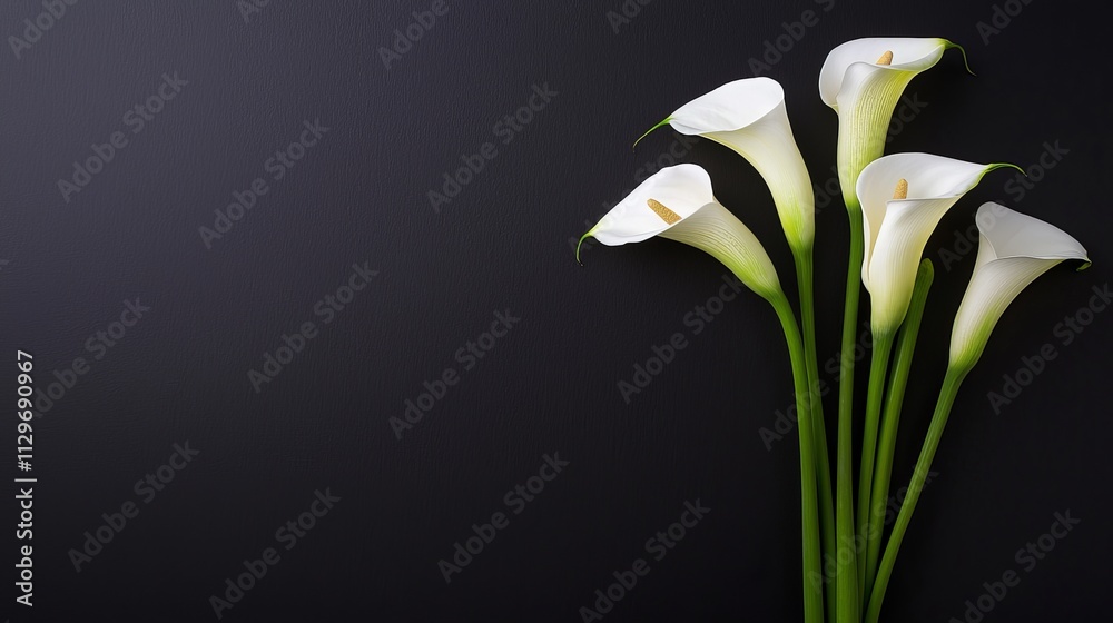 Obraz premium White calla lilies on a dark black background, gracefully arranged, capturing solemn beauty, with ample space for condolence messaging