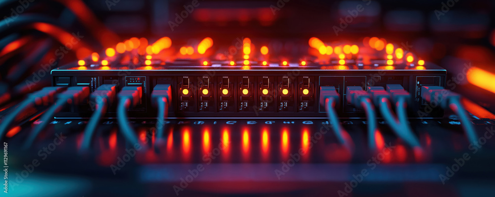 Close-up view of network switch with many cables plugged in. Red lights illuminate switch ports. Data transmission system active. Modern tech device in server room data center. Network infrastructure Close-up view of network switch with many cables plugged in. Red lights illuminate switch ports. Data transmission system active. Modern tech device in server room data center. Network infrastructure