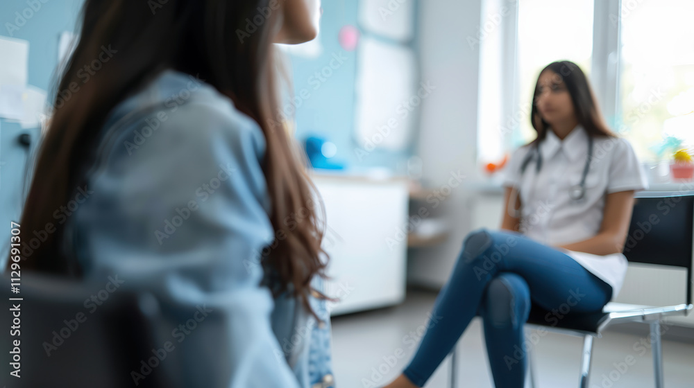 Close up focus on young woman sitting in chair during medical consultation, expressing concern while healthcare professional listens attentively. atmosphere is calm and supportive