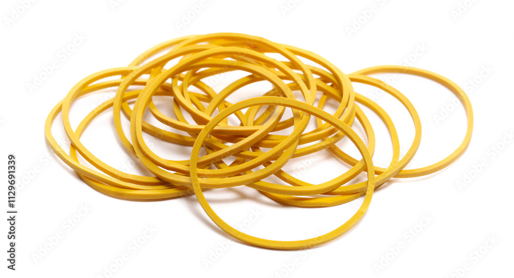 Yellow rubber bands isolated on white, side view Yellow rubber bands isolated on white, side view