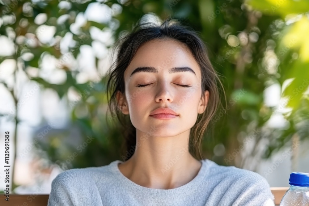 A young woman is savoring a serene moment in nature with her eyes closed, emphasizing relaxation and peace, amidst a lush green backdrop and gentle sunlight.