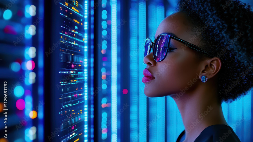 A skilled African American female cybersecurity analyst safeguards against AI threats at a modern bluelit tech office data center.