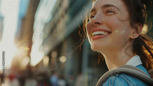 close up of happy young woman smiling while heading to work in urban setting, with sunlight illuminating her face and joyful expression