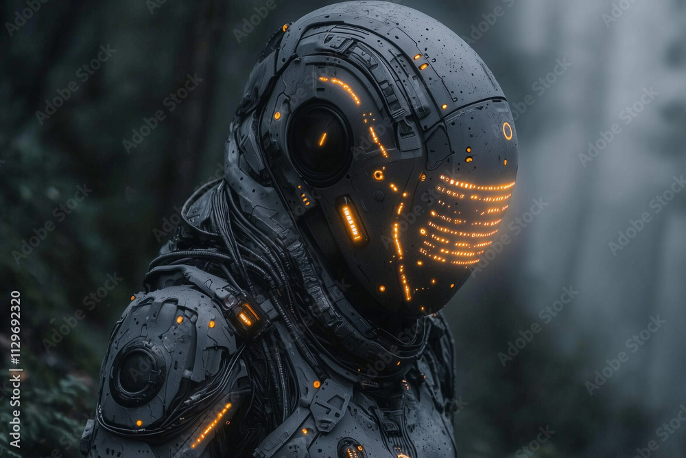 mysterious mech face in the forest, glowing orange in a wet, shadowy setting mysterious mech face in the forest, glowing orange in a wet, shadowy setting