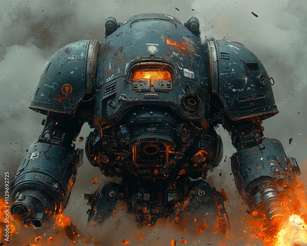 battle-worn mech stands amidst fire and destruction, its armor scarred from combat battle-worn mech stands amidst fire and destruction, its armor scarred from combat
