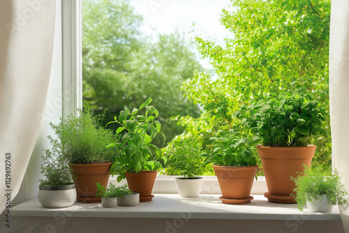 Small kitchen garden on a windowsill featuring vibrant green potted herbs, bathed in natural sunlight with a lush outdoor view.