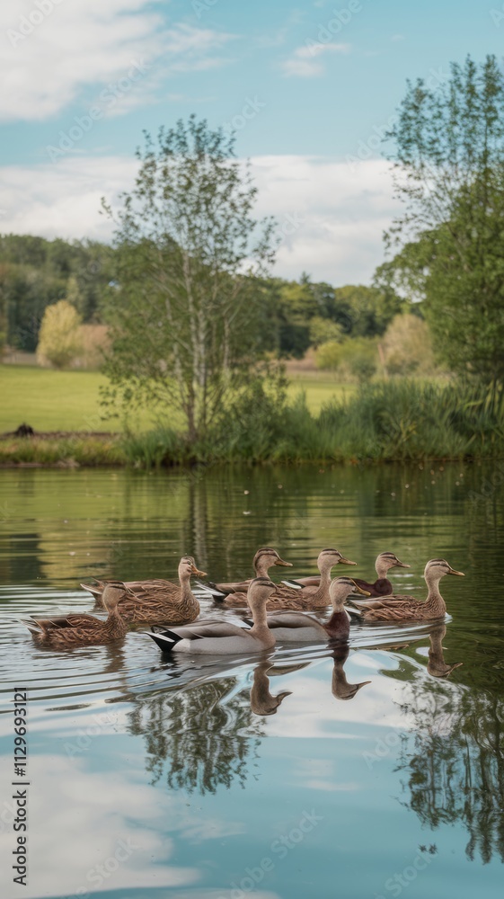 A mother duck and her ducklings are swimming in a pond. The mother duck is leading the way, while the ducklings follow closely behind her. The scene is peaceful and serene A mother duck and her ducklings are swimming in a pond. The mother duck is leading the way, while the ducklings follow closely behind her. The scene is peaceful and serene