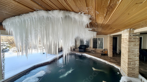 Icicles hanging from roof edge, water pooling on floor, and ceiling damage visible after winter storm caused ice dam to form