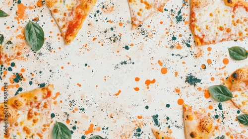 Delicious pizza slices surrounded by herbs and sauce splashes creative food photography studio