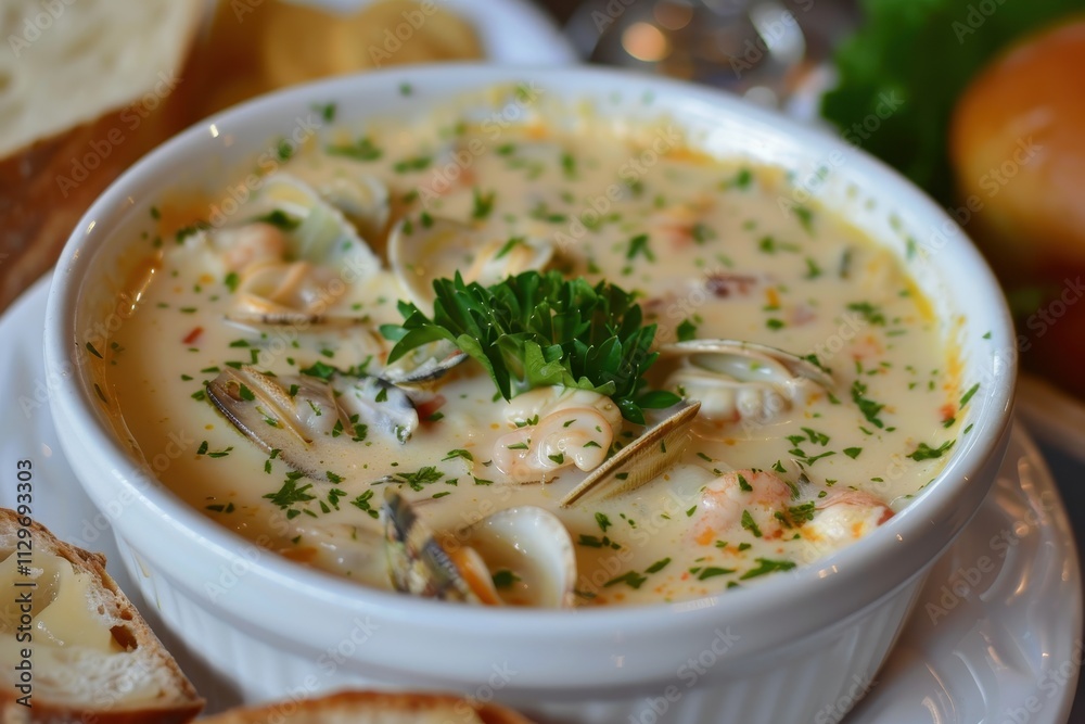 Clam Chowder from New England with creamy texture and parsley topping Clam Chowder from New England with creamy texture and parsley topping