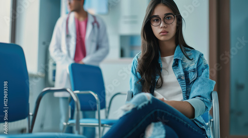 Sick young woman sitting in waiting room, looking anxious and concerned. She wears glasses and denim jacket, reflecting her discomfort in medical environment