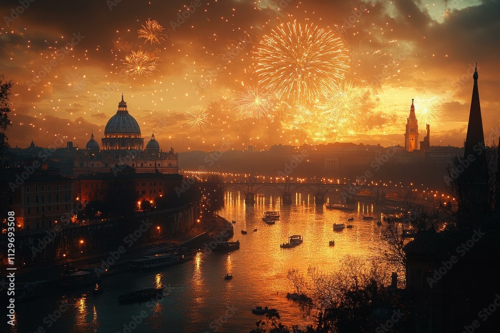 Fototapeta premium Fireworks over Rome: Celebrating New Year with vibrant displays and iconic skyline reflections on the river.