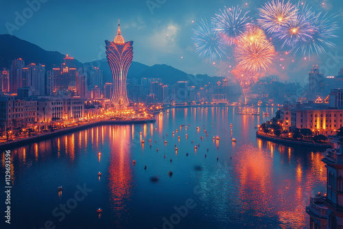 Festive fireworks over Macau skyline reflecting on water during New Year celebrations at night