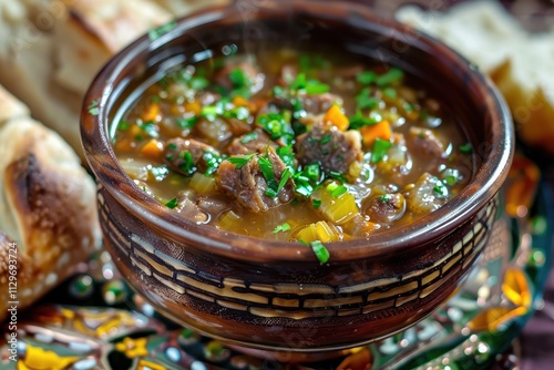 Classic Algerian spiced vegetable soup Harira and meat filled pastry Bourek photo