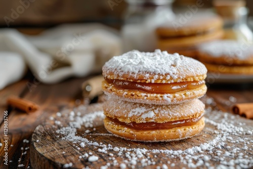 Classic Argentine alfajores with caramel and sugar on wood surface photo