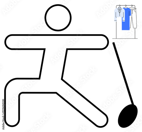 Stick figure reaching with an iron held high toward hanging clothes. Ideal for laundry, housekeeping, chores, domestic life, minimalism, organization, and household routines. Line metaphor