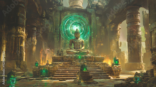 A fusion of ancient and futuristic elements in a temple setting, with holographic deities. Paradox. Illustration photo