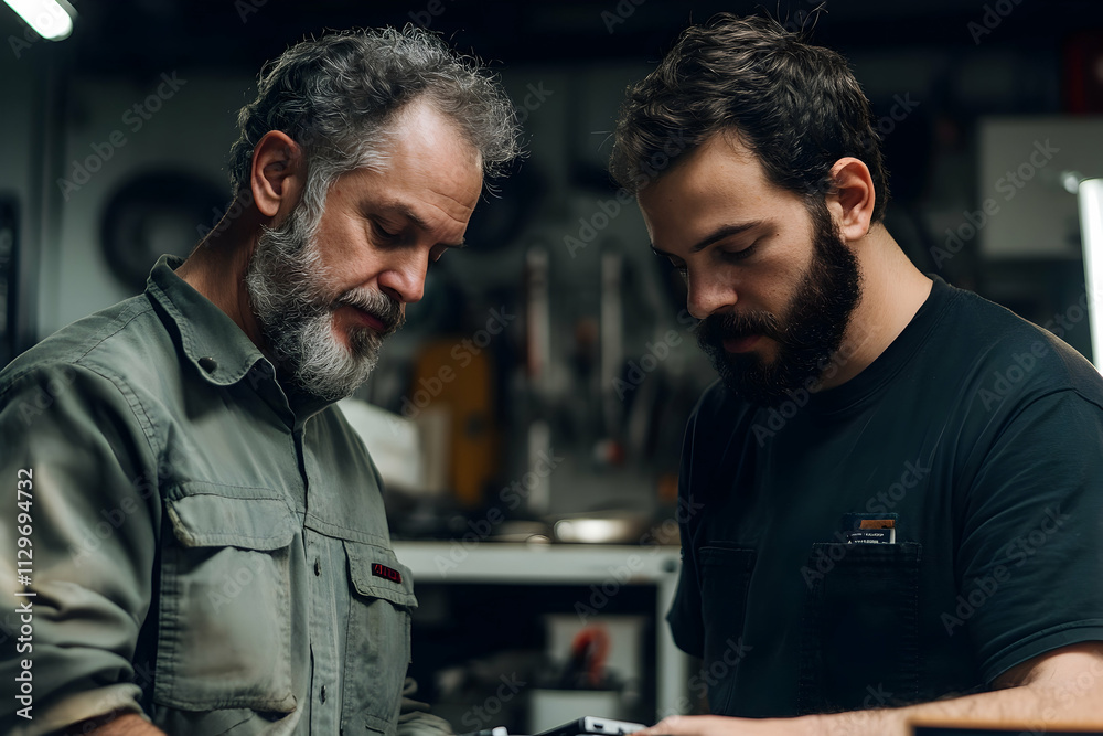 Skilled mechanic mentoring an intern in a bustling garage workshop, AI Generated Skilled mechanic mentoring an intern in a bustling garage workshop, AI Generated