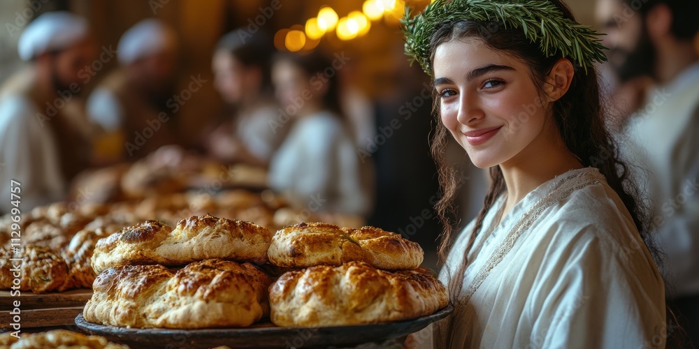 A joyful scene at a bustling traditional market where a young woman, adorned in cultural attire, proudly holds a platter of freshly baked bread. A joyful scene at a bustling traditional market where a young woman, adorned in cultural attire, proudly holds a platter of freshly baked bread.
