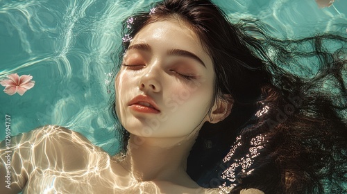 Beautiful Japanese woman lying in water in swimming pool #1129694737