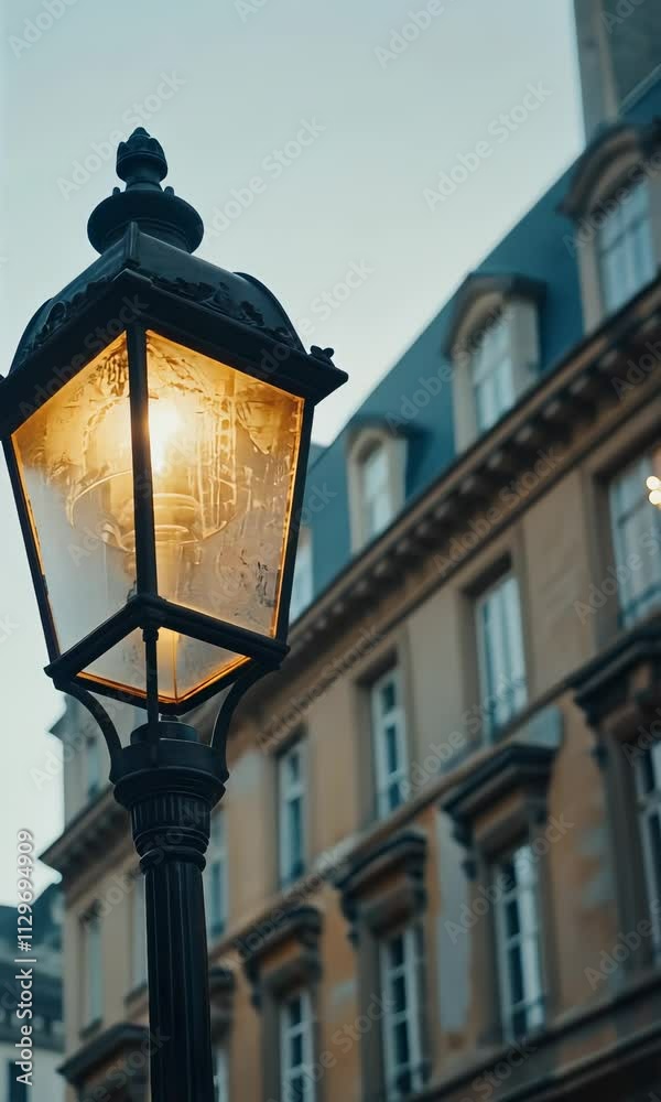 Warm glow of a street lamp illuminates historic building in urban evening setting Warm glow of a street lamp illuminates historic building in urban evening setting