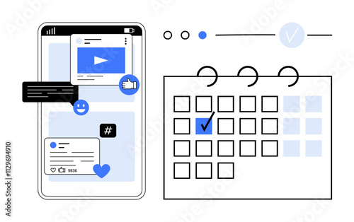 Smartphone with social media notifications and interaction icons next to a calendar with a marked date. Ideal for digital marketing, social media management, content scheduling, time management photo