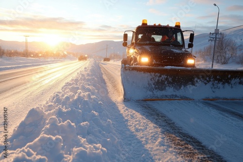 A snow plow is actively clearing a snowy road during sunrise, providing a vital service in winter conditions, ensuring safe travel for vehicles and pedestrians. photo