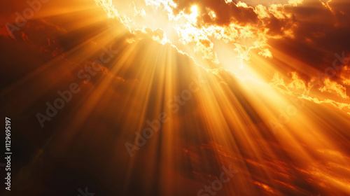  Sunlight beams through clouds with lens flare effect, golden rays illuminate dramatic sky, nature's awe-inspiring light