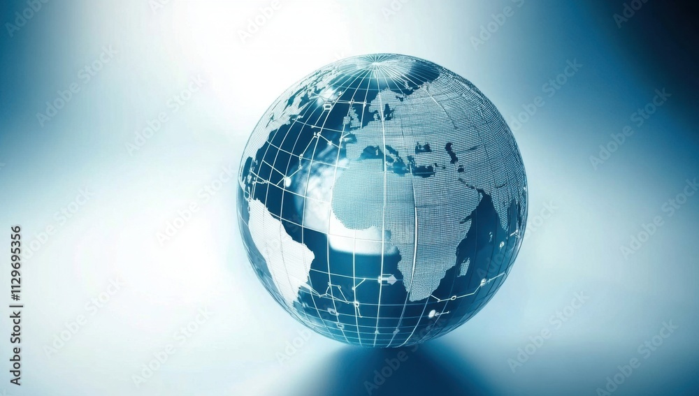 A digital globe with global network connections, representing the concept of interconnectedness in business and technology The background is light blue to convey calmness or focus Generative AI